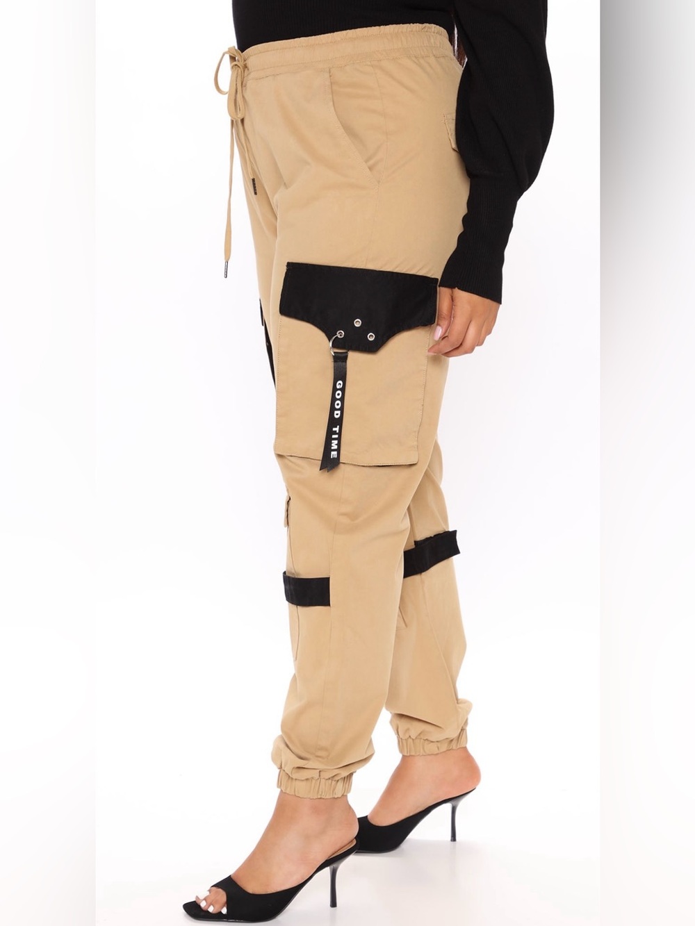 Khaki Cargo Jogger Pants with Black Accent